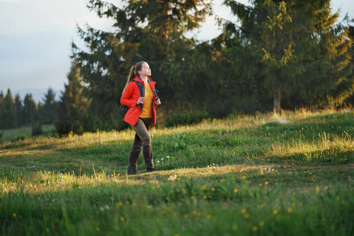 seitenansicht einer jungen frau auf einem spaziergang im freien auf einer wiese in der sommernatur wandern HPIF16637